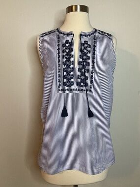 J. Crew White and Navy Striped Sleeveless Embroidered Tassel Camisole